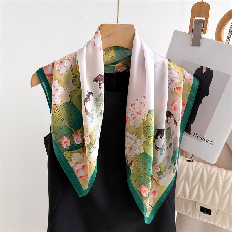 70cm Chinese Style Lotus Printed Scarf Women's Soft Satin Plant Printed Scarfs Thin and Fashionable Headscarf Shawl Scarf