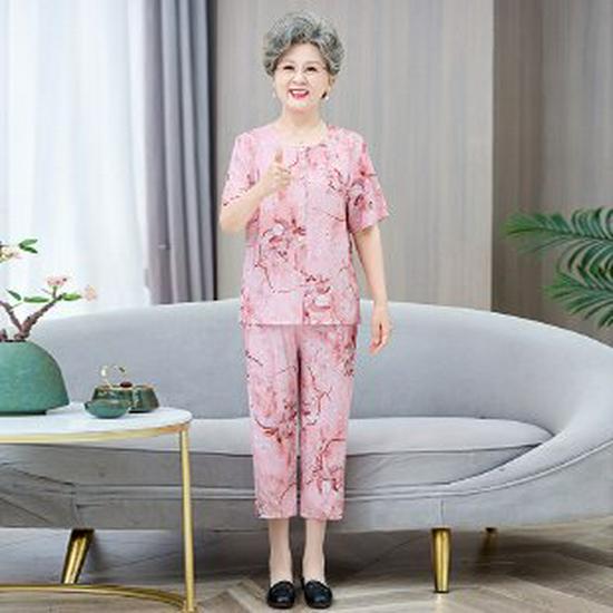 

Summer Two-Piece Set for Middle-Aged and Elderly Women: Short-Sleeve Shirt & T-Shirt 4XL (for 135-150 jin)