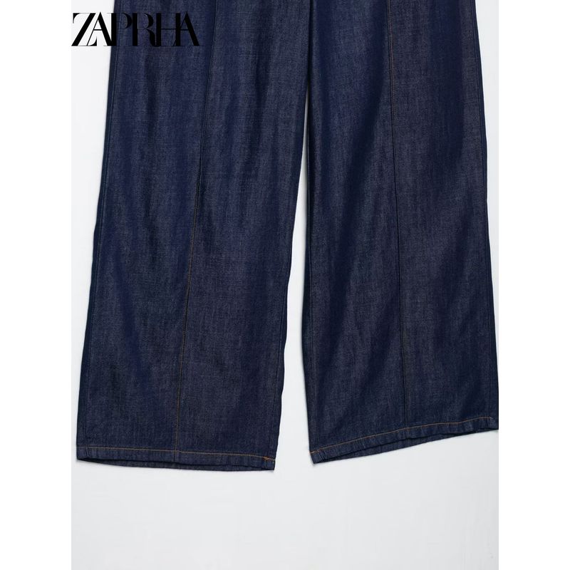 Zaprha 2025 New Arrival Loose Vertical Plaid High Waist Wide Leg Leisure Jogging Denim Women 4083023