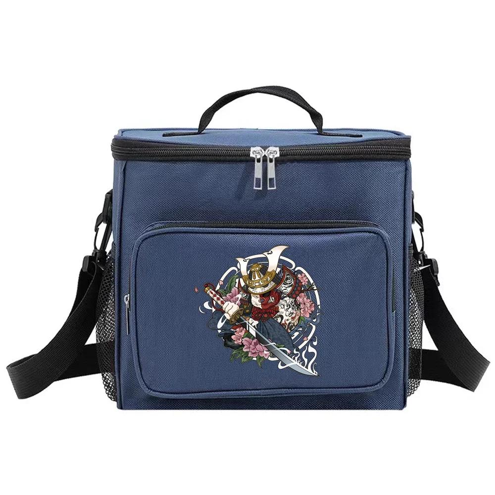 Student LunchBox Portable Cooler Shoulder Lunch Bags Thermal Organizer Handbag Outdoor Camping Storage Boxes Samurai Pattern