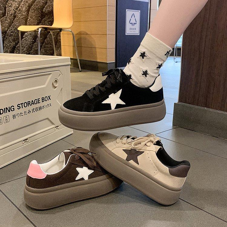 Thick-soled Matte Leather Star Shoes Women's 2025 New Autumn and Winter Versatile Sports and Leisure Shoes Heightening Lace-up Breadboard Shoes