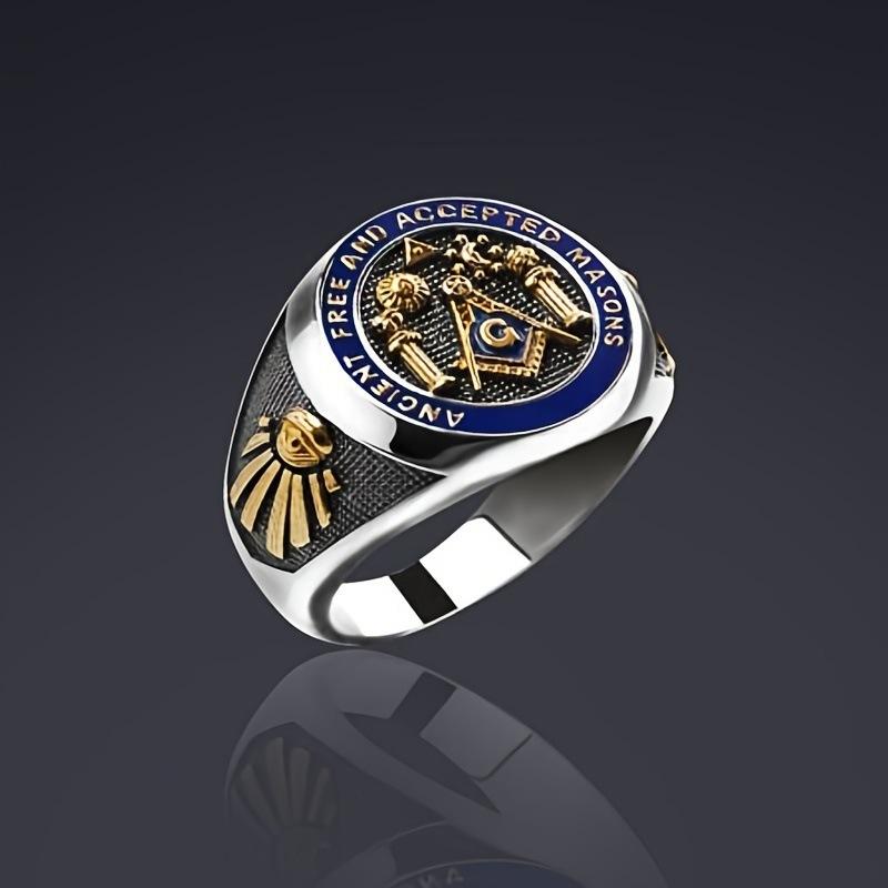 Religious Totem Freemasonry Blue Oil Drop Two-color Ring Men's Ring Batch