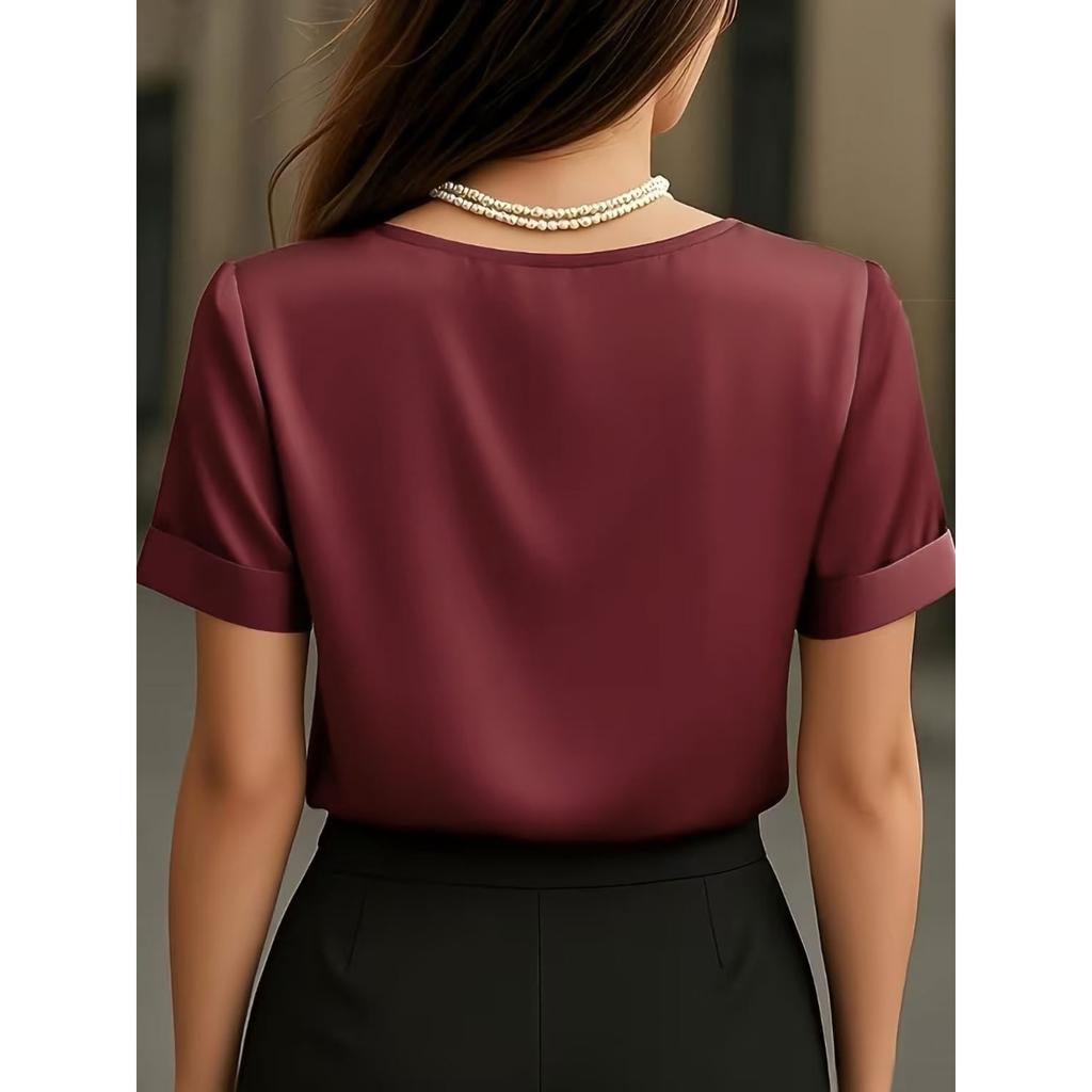 2026 New Women's V-neck Ruched Short Sleeve Elegant Fashion T-shirt Blouse, Casual Daily Top for Women European American Style