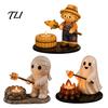 Rustic Yard Decoration Halloween Resin Scarecrow/Ghost/Mummy Candle Holder, Decorative Bonfire Tea Light Hand Painted Table Centerpiece Camping Scene