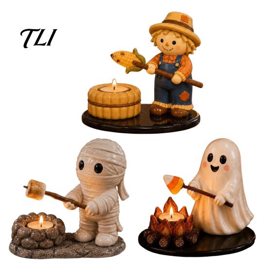 Rustic Yard Decoration Halloween Resin Scarecrow/Ghost/Mummy Candle Holder, Decorative Bonfire Tea Light Hand Painted Table Centerpiece Camping Scene