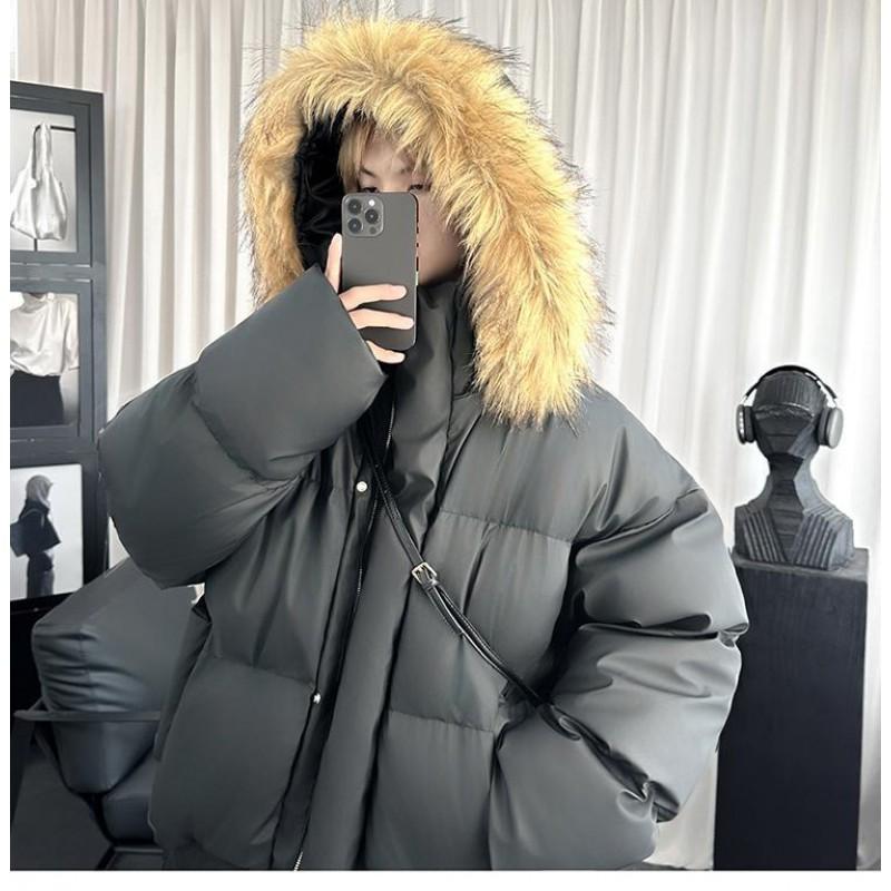 Short Puffer Parka With Faux Fur Trim Unisex Winter Thick Hooded Cotton Coat Solid Color Casual Warm Outerwear