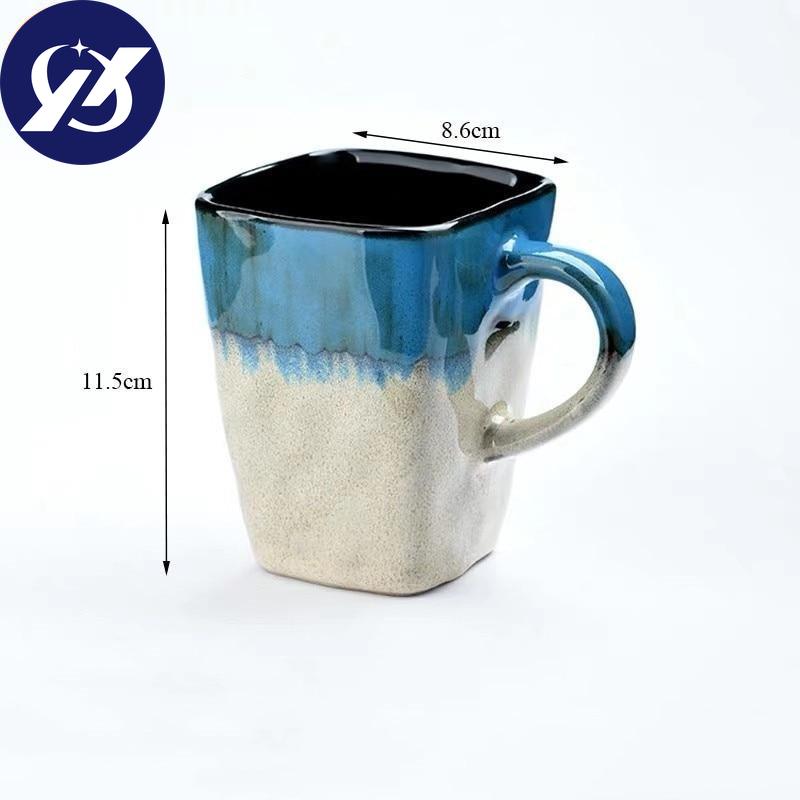 Creative Flow Glaze Square Coffee Mug With Spoon and Lid Retro Tea Cup Simple Household Matte Color Ceramic Milk Water Cup Gift