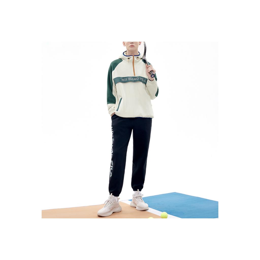 Fila Fusion Color Block Half-Zip Logo Sports Loose Hoodie Men Hoodies Milk-Beige T11M213705FBG