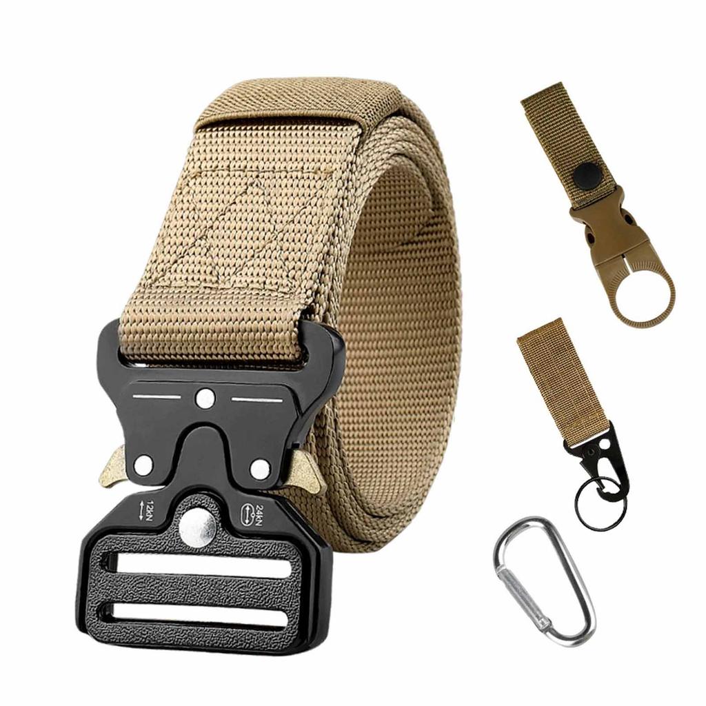 Men’s Belt – Multi-Purpose Canvas Belt with Mountaineering Buckle, Keychain, Water Bottle Buckle, Outdoor Military