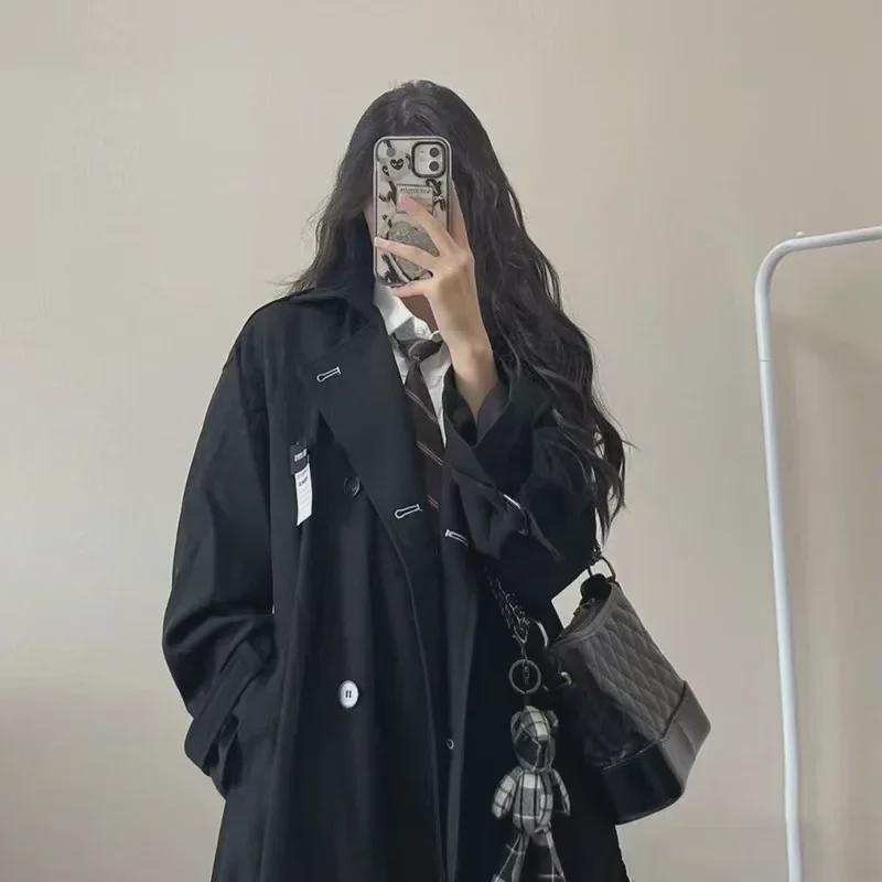 High-Grade Women's Mid-Length Black Trench Coat - Chic Spring & Autumn 2023 Collection