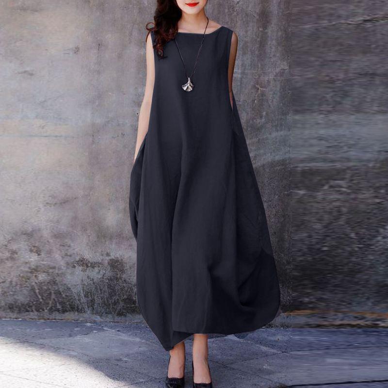 2024 Summer Women's Solid Color Pocket Skirt Casual Loose Black Dress with Round Neckline