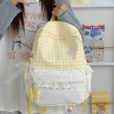 Schoolbag Korean Fresh Lace Plaid Girl School Bag Middle School High School Student Large Capacity Backpack Versatile Commuter Backpack Female