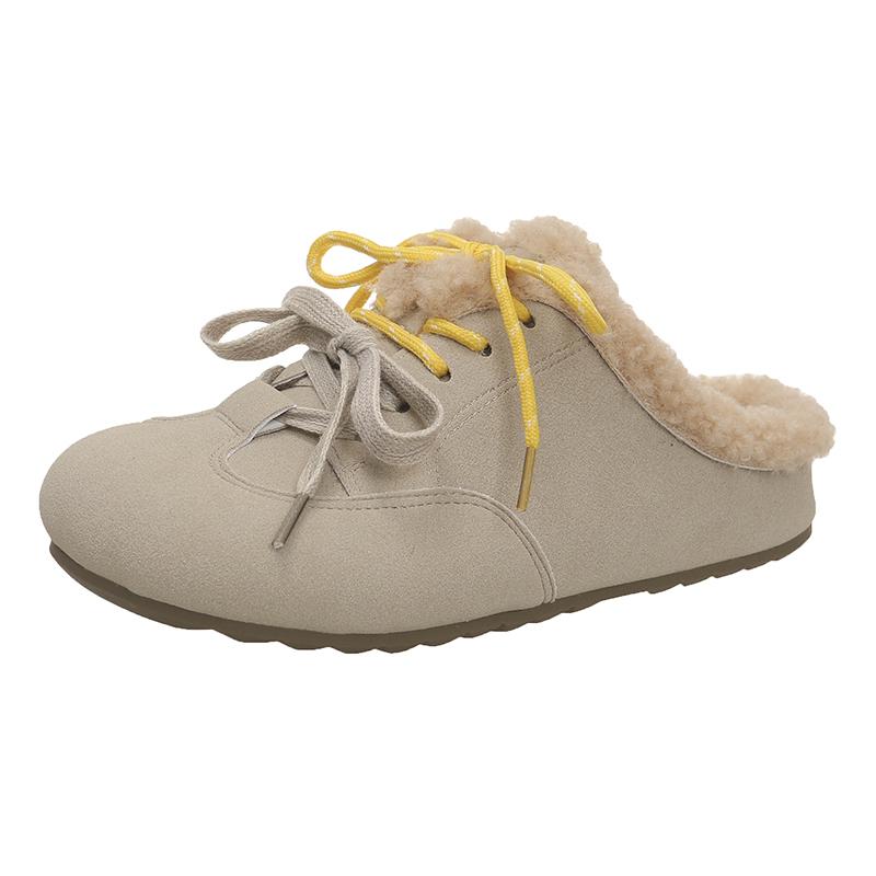 Fashion Aphixta Cow Suede Brown Slipper Furry Warm Women Mule Outside Plush Shoes Colorful Lace Up Slides Chaussures Femme Zapatos Mujer