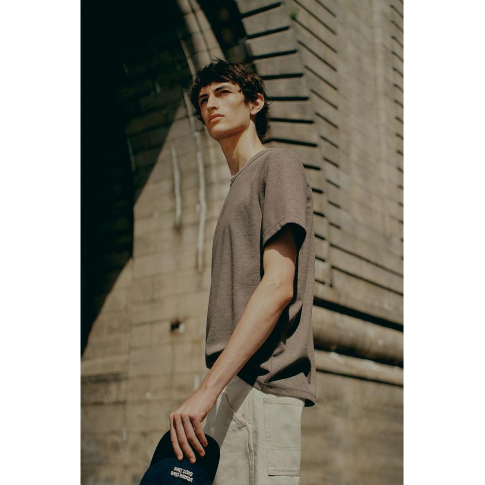 H M Regular FiT Waffle TexTure T sHirT Dark Beige