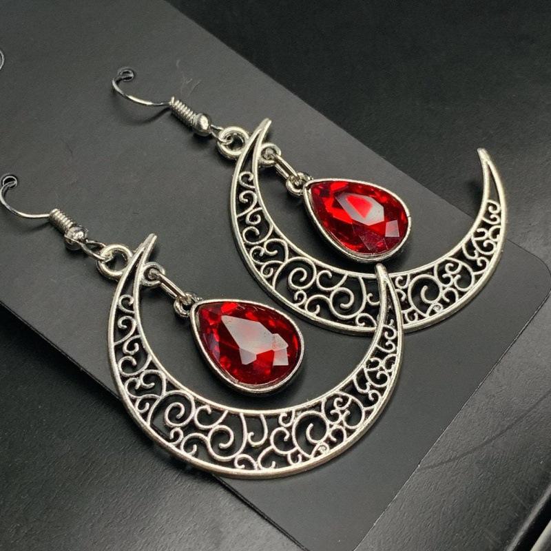 Gothic Alloy, Blood Moon Earrings, Blood, Handmade, Crescent Moon, Blood Drop, Poison, Rhinestone Earrings, Moon