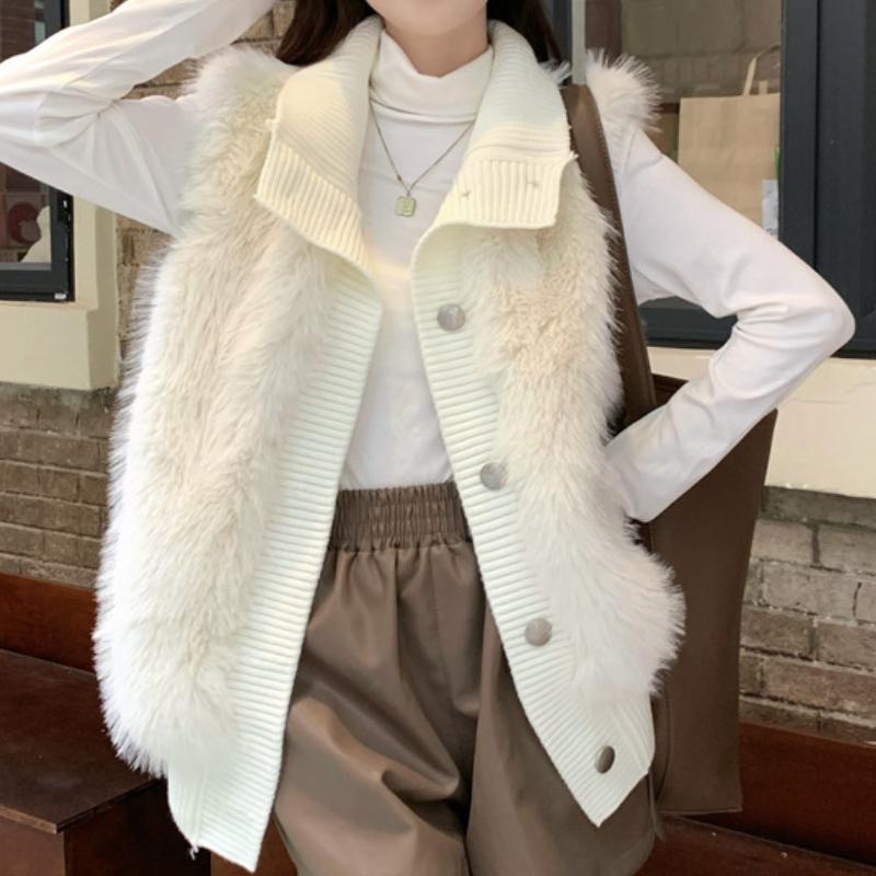 GMXIA Stand-up Mink Velvet Sleeveless Jumper Women's Coat Autumn and Winter Loose Temperament Elegant Knitted Cardigan