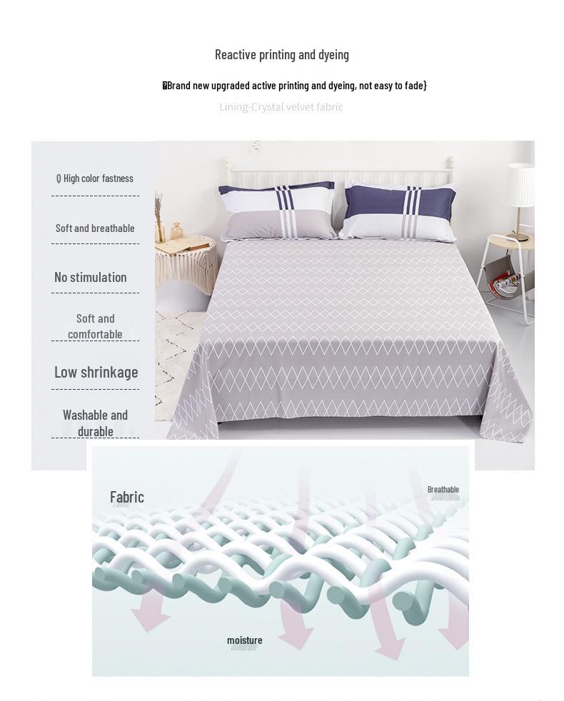 Active Print Pure Cotton Bed Sheets - Simple Style for Dormitory, Home, Single & Double Beds