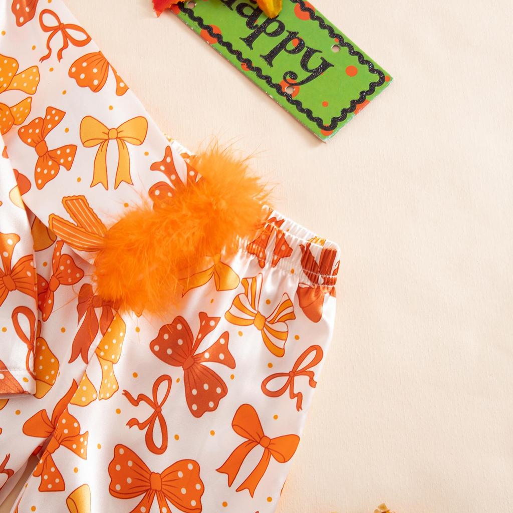2025 Furry Halloween Pajama Set with Bowknot & Pumpkin Print - Two-Piece Turn-Down Collar Homewear