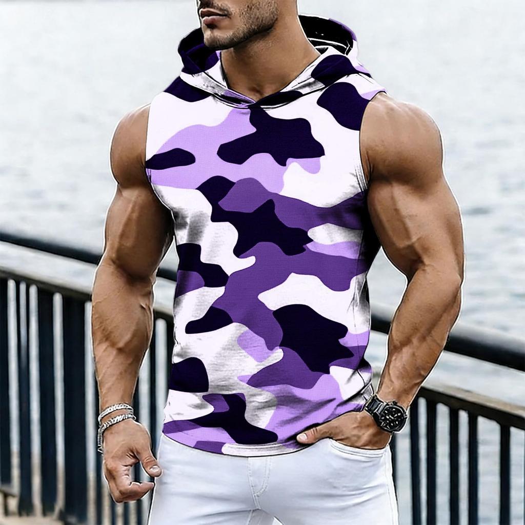 Men's Casual Fashion Printed Sleeveless Hooded Tops | Lightweight Summer Hooded Tank Tops