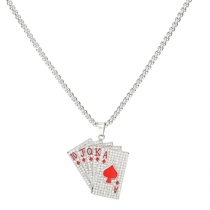Retro Playing Card Hip-Hop Necklace for Men & Couples - Diamond-Studded Straight Flush Chain