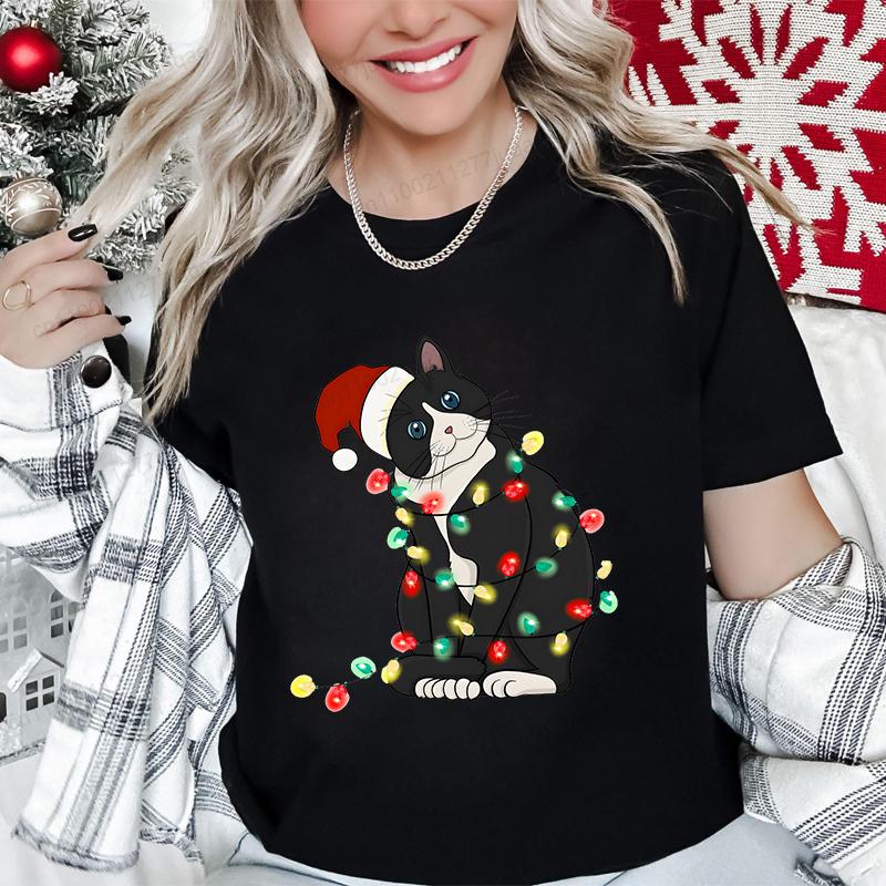 Christmas Black Cat Printed T-shirt Men's and Women's Casual Short Sleeved T-shirt Christmas Travel Pattern Printed Top T-shirt Clothing