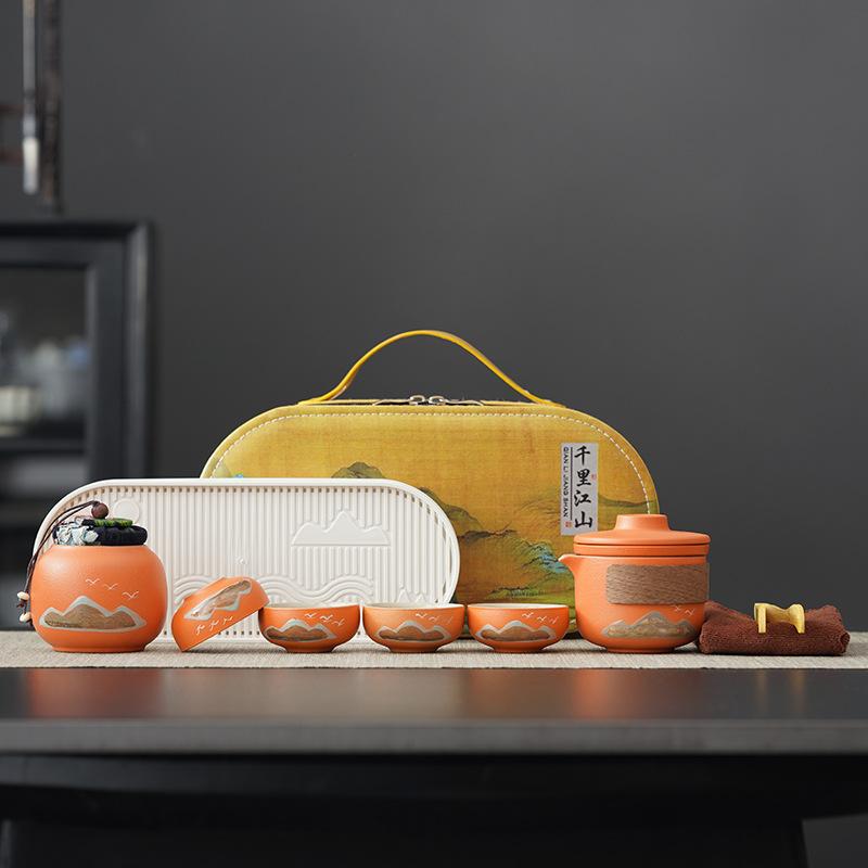 Travel tea set, simple coarse pottery outdoor portable ceramic express cup, one pot, four cups office tea pot