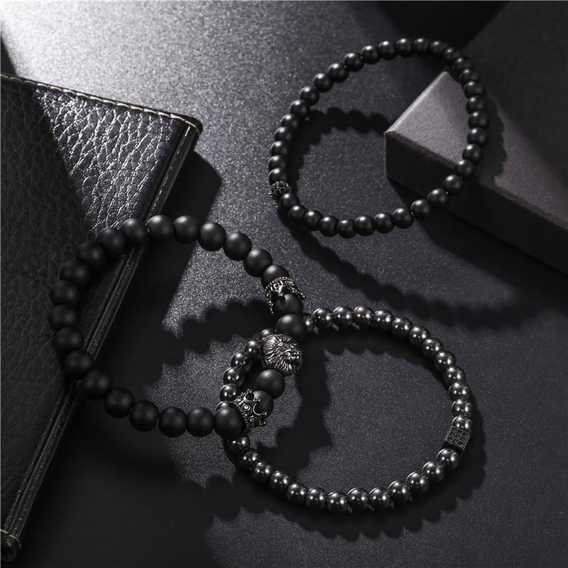 Vintage Schwarzes Mattes Armband Zirkon Krone Diamant Kugel Würfel Löwenkopf Perlenarmband Set