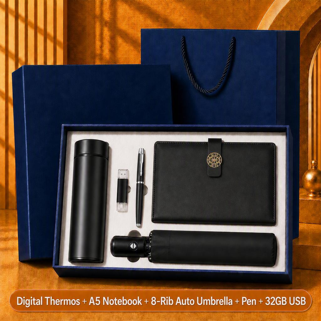 Custom Logo 7-in-1 Business Gift Set Power Bank Bluetooth Speaker Vacuum Flask 304 Stainless Steel Silver Gift Box
