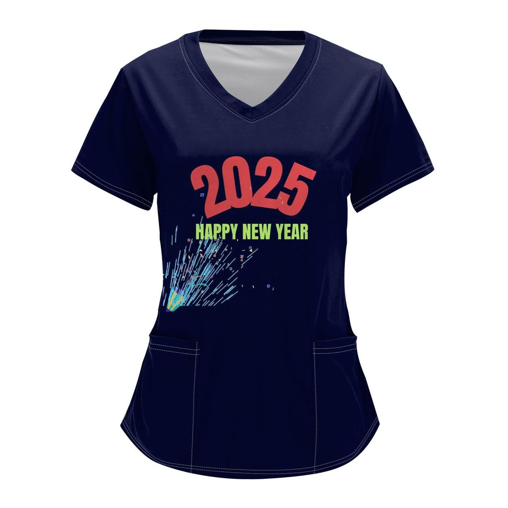 Women's Fashion V-neck Short-sleeved Overalls With Pockets 2025  Christmas Print Top