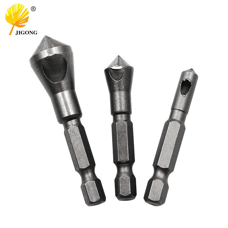 90° Hex Shank Countersink Drill Bit with Chip Evacuation & Deburring for Woodworking