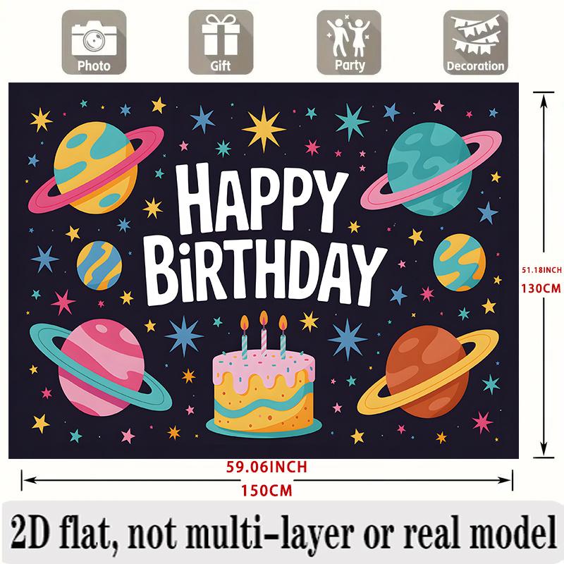 Planets Stars Birthday Banner, Space Photo Backdrop Wall Decor for Kids Party