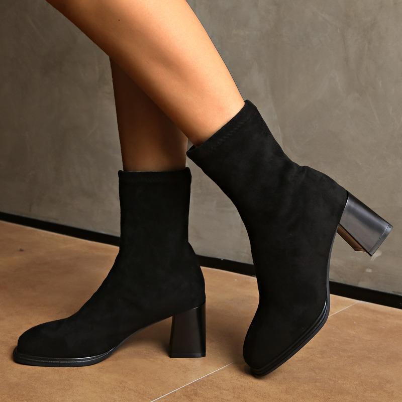 Mode Femmes Mode Talon Épais Bottines Simples Automne Nouveau Bout Carré Manchon en Daim Antidérapant Résistant à l'Usure Bottines