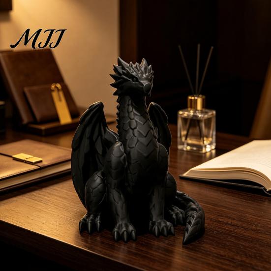 Fine Carved Statues for Bedroom 3D Printed Sitting Black Dragon Statue, Fantasy Western Figurine, Stylish Interior Decorations Gothic Decor