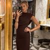 Women Brown Asymmetric Shoulder Bodycon Maxi Dress