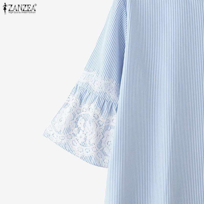 ZANZEA Women Casual Lace Patchwork 3/4 Sleeve Loose Stripe Blouse