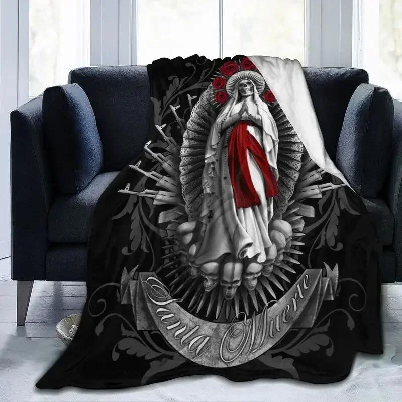 Santa Muerte Filtar Varma Flanell Lady of Holy Death Mexikansk Dödskalle Pläd för Sovrum Kontor Sängöverkast