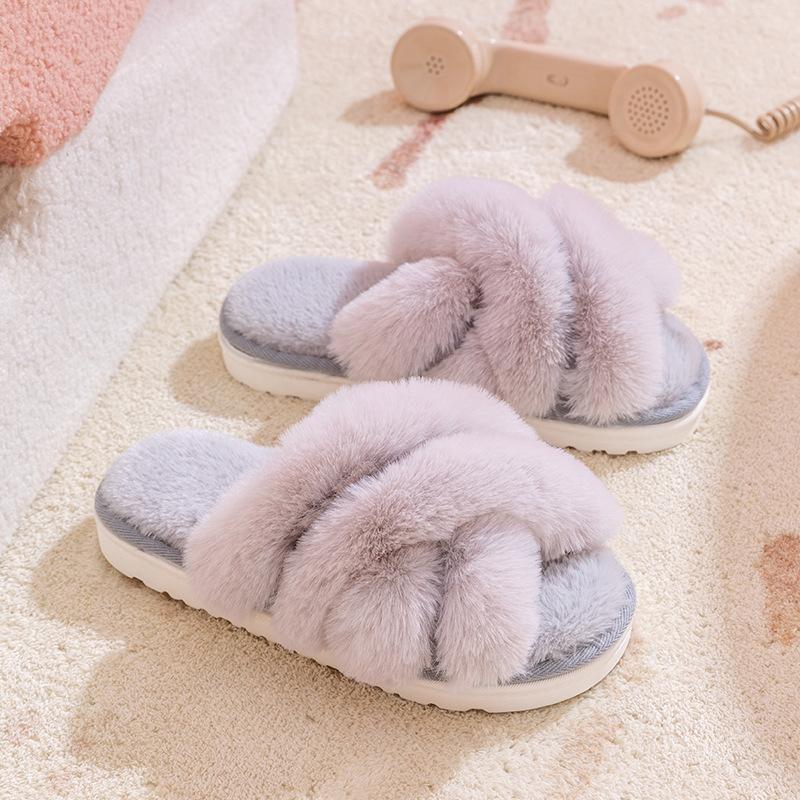 Women Fluffy Slippers Winter Warm Plush Slipper Cross Straps Fur Slipper Winter Warm Home Slippers for Women Flat Cotton Slides