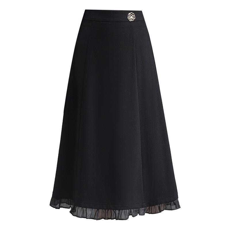 2026 Spring Elegant High Waist A-Line Midi Skirt with Wood Ear Lace Patchwork