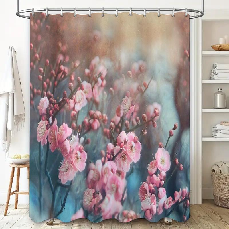 Cherry Blossom Shower Curtain Japanese Floral Nature Zen Spa Bathroom Decor Set