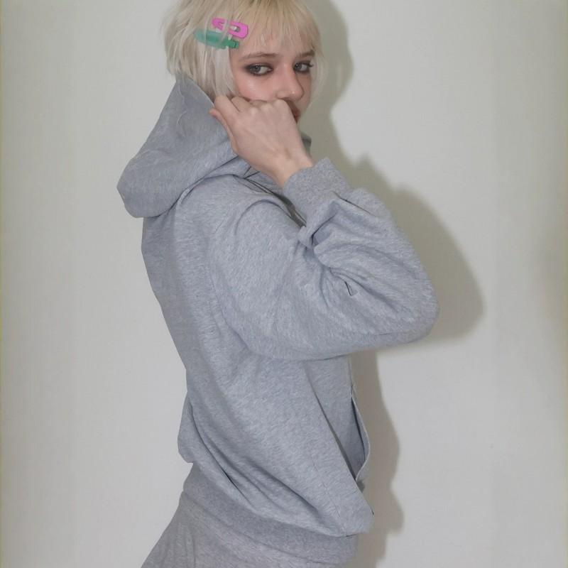 Womens Loose Hooded Cardigan Sweatshirt Gray Printed Long Sleeve Coat Casual Style