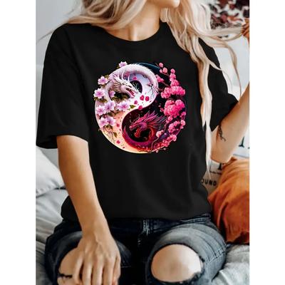 Vibrant Dragon Print Short Sleeve Crew Neck T-Shirt - Soft Cotton, Regular Fit, Micro Elasticity, Machine Washable - Casual Womens Summer Top