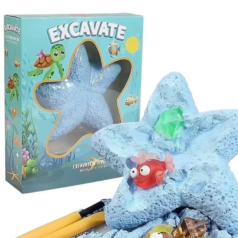 Dinosaur Fossil & Gemstone Excavation Kit - Archaeological Puzzle Toy with Starfish Marine Life 12 Real Gemstones Included