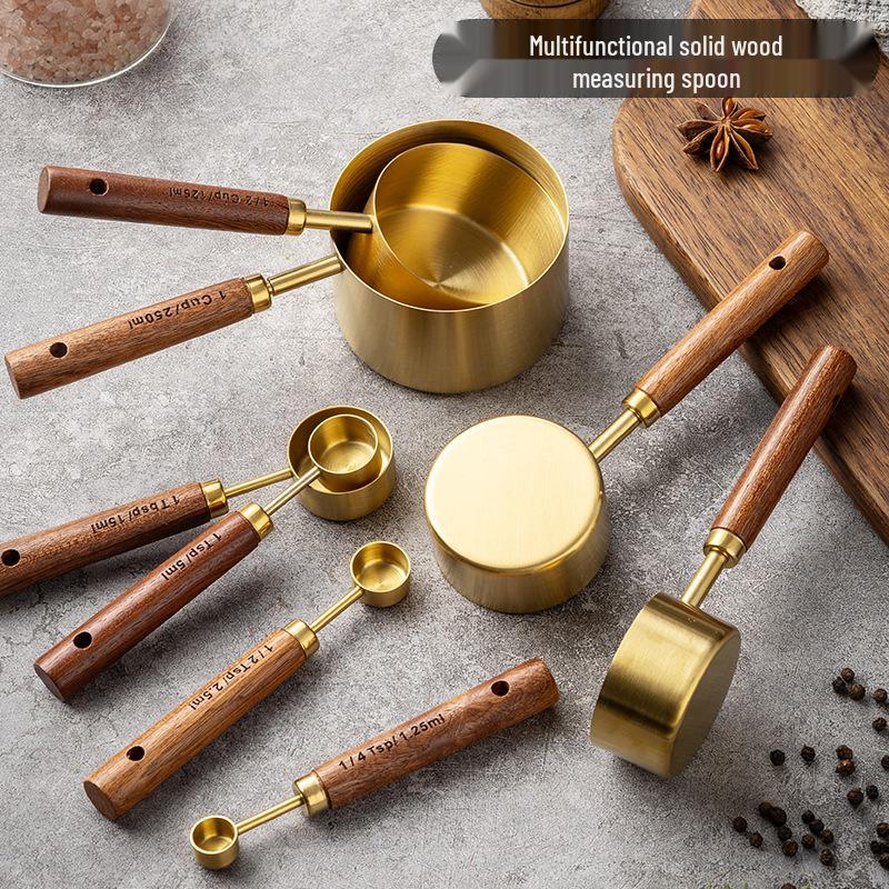 8-Piece Stainless Steel Measuring Cup & Spoon Set with Wooden Handle for Coffee & Grams