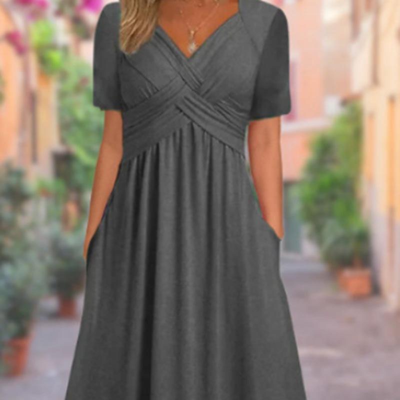 

Модное женское платье с V-образным вырезом и короткими рукавами на осень XXL темно-серого