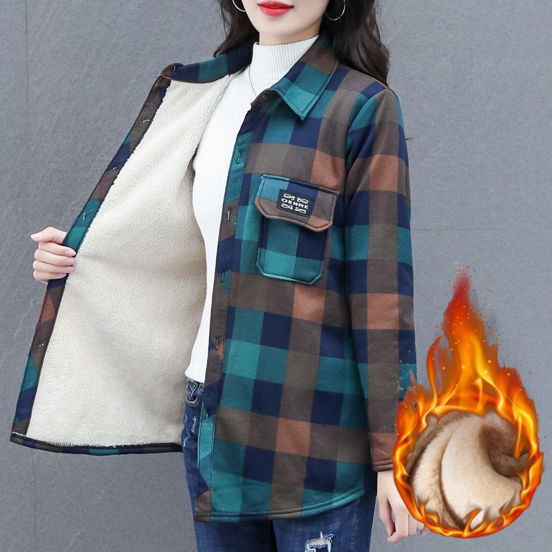 Winter Warm Shirt Autumn and Winter Western Style Mother Plus Velvet Thick Shirt Women's Brushed Thick Top