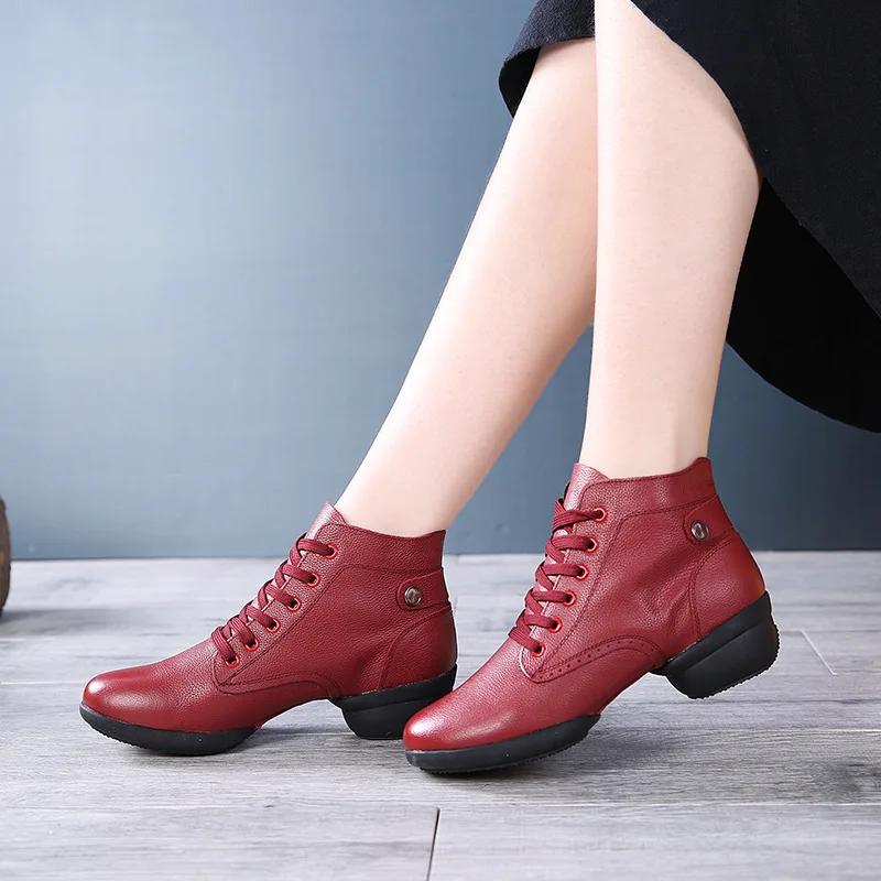  Fashion Woman Genuine Leather Boots Square Dance Shoes Increase Women Sneakers Boots Soft Sole Modern Girls Dance Shoes