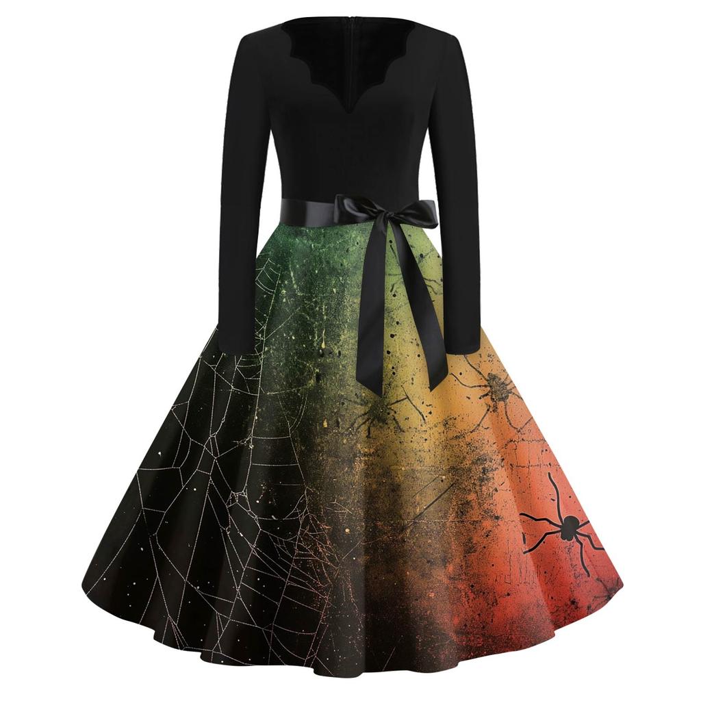 Women's Fashion V-Neck Casual Slim Fit Halloween Printed Long Sleeve Dress