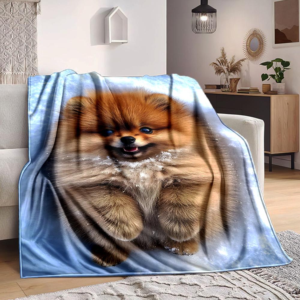 1Pc Pomeranian Snowy Scene Flannel Blanket, Soft And Comfortable, Casual Warm, Camping Travel, Christmas, Halloween Xmas Gift. Eg113