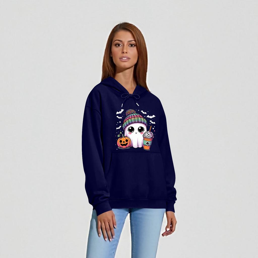 Haut à col rond et manches longues pour femme, imprimé Halloween, sweat à capuche de couleur unie