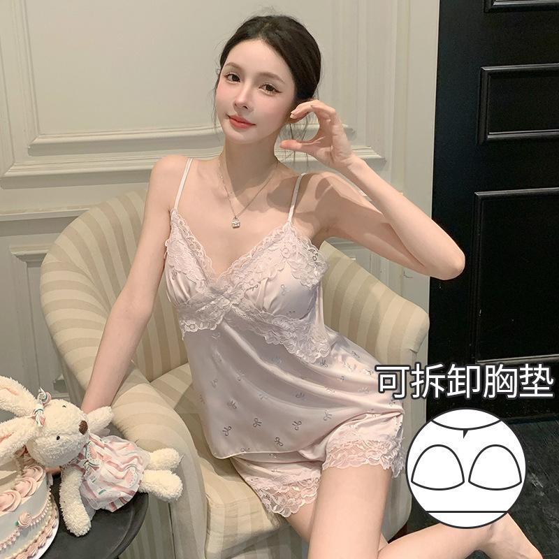 Sexy Women's Thin Suspender Pajamas Spring and Autumn Summer Lace Lace Pajamas Ice Silk Loungewear with Chest Pads